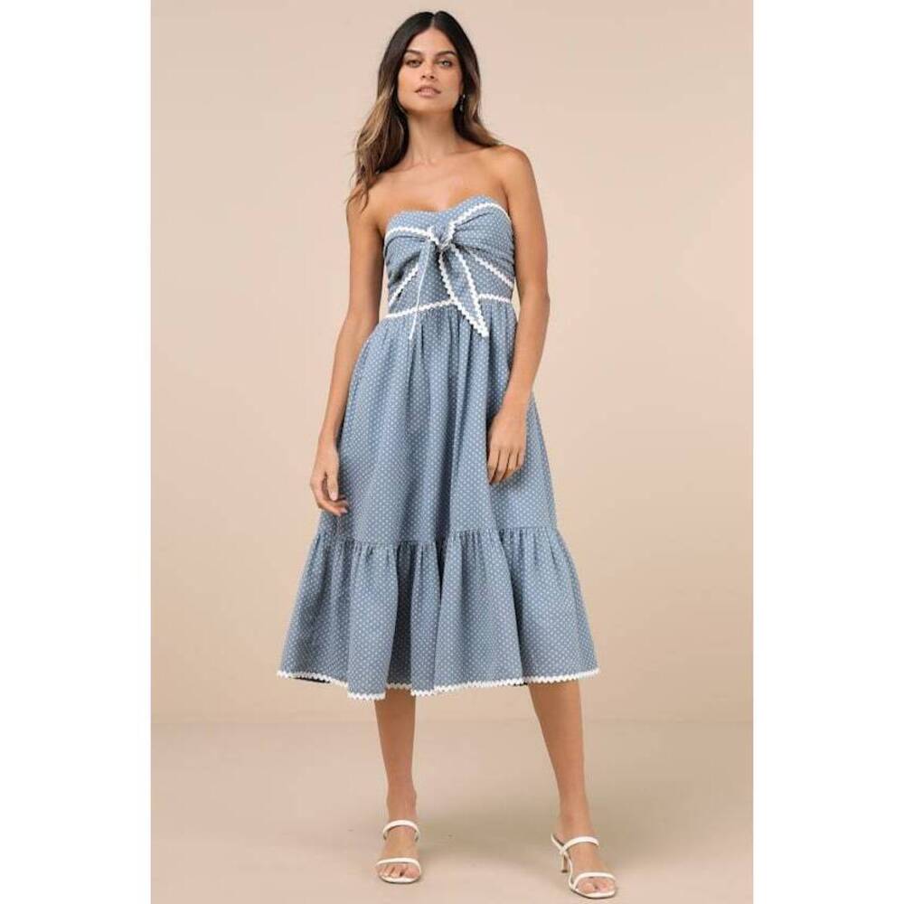Lulus Delightful Design Dusty Blue Polka Dot Midi Dress With Pockets - Size XS